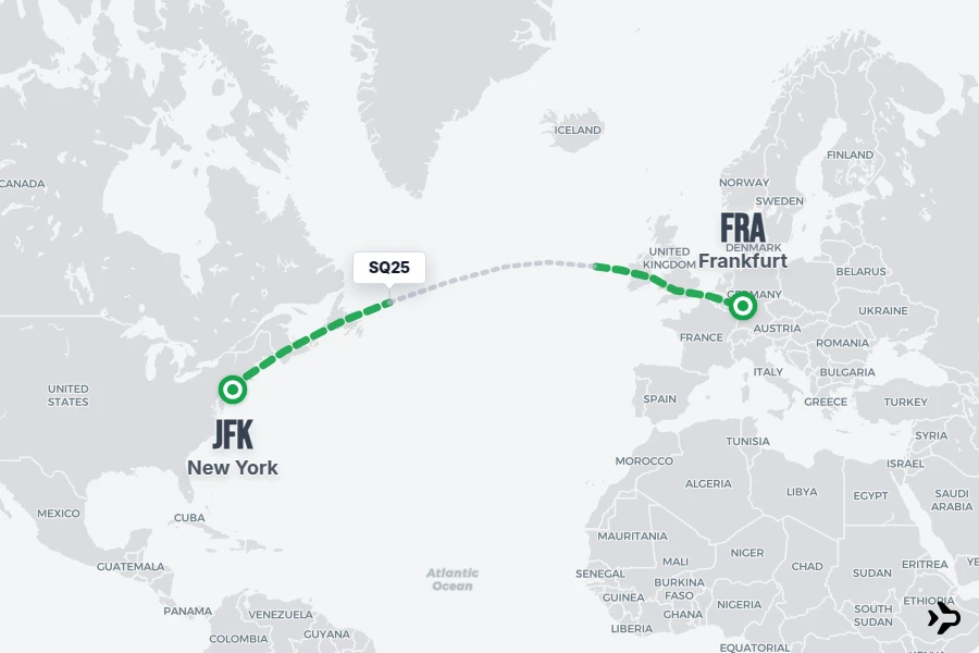 SQ25 flight map from JFK to FRA