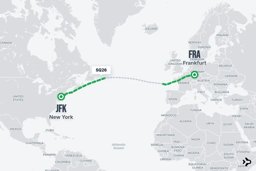SQ26 flight map from FRA to JFK