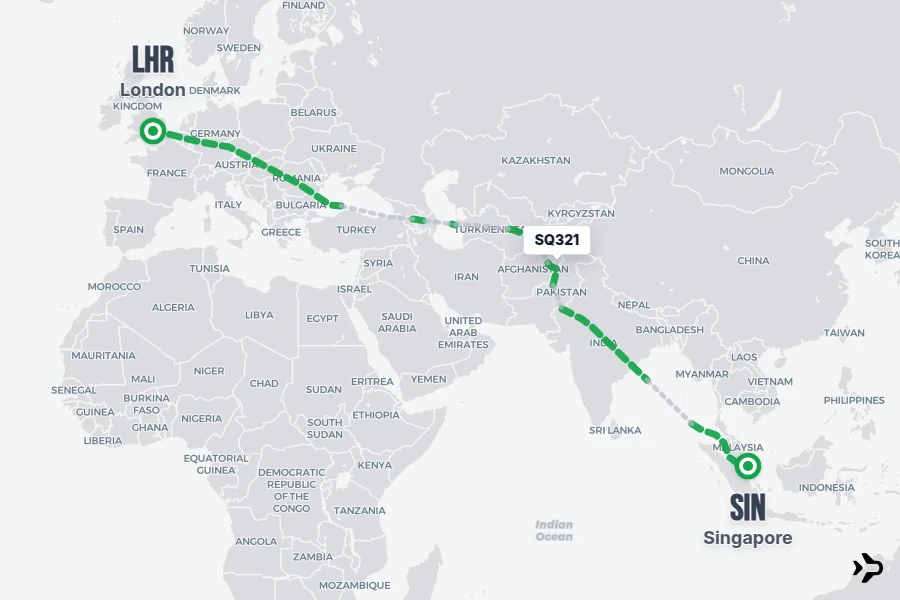 SQ321 flight map from LHR to SIN