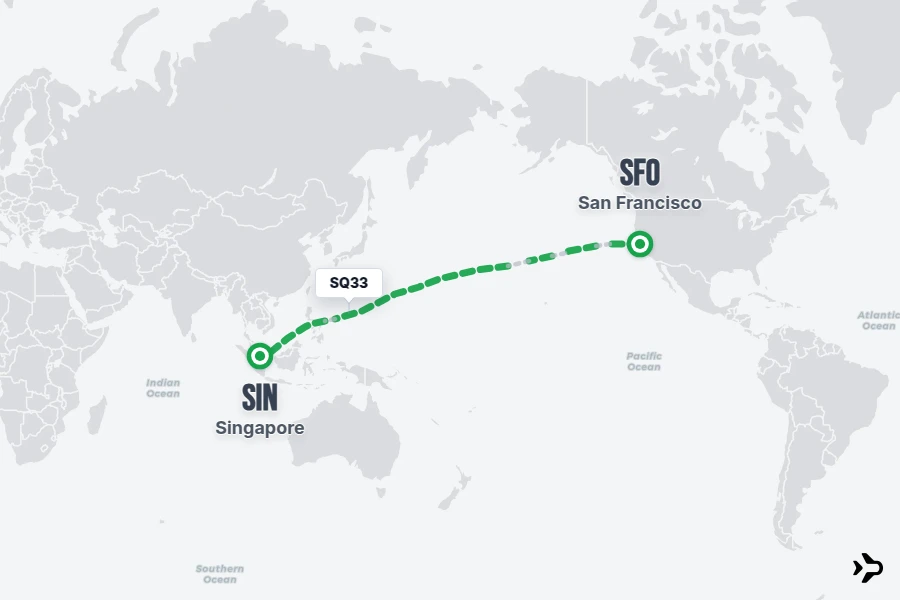 SQ33 flight map from SFO to SIN