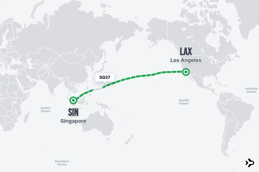 SQ37 flight map from LAX to SIN