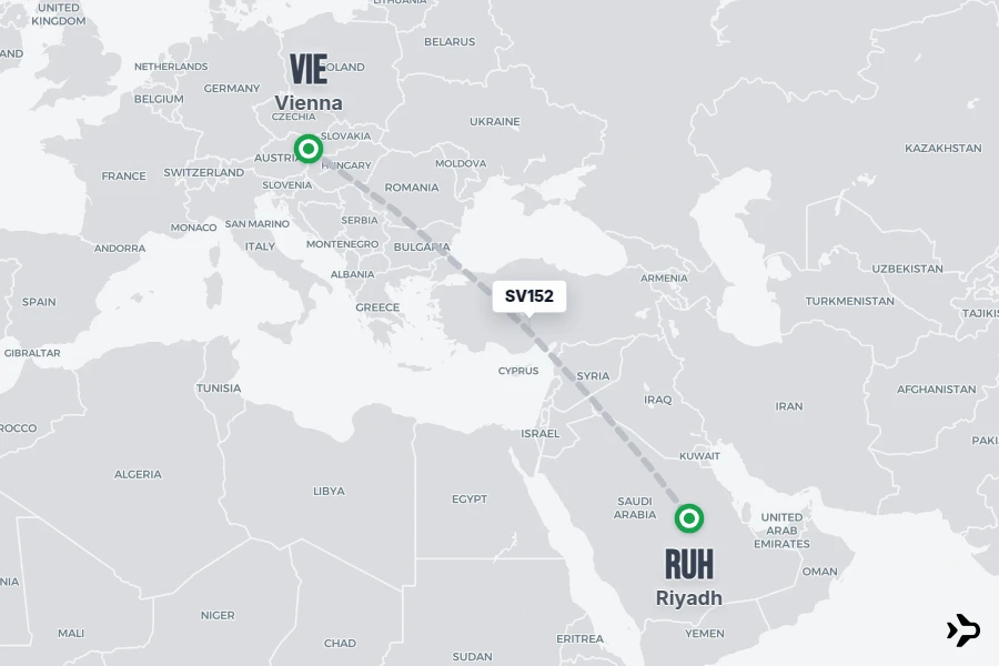 SV152 flight map from VIE to RUH