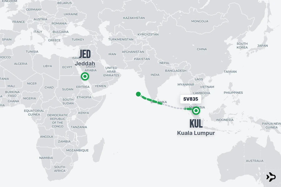 SV835 flight map from KUL to JED
