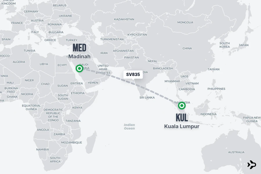 SV835 flight map from KUL to MED