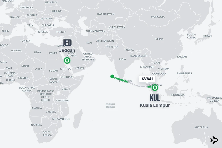 SV841 flight map from KUL to JED
