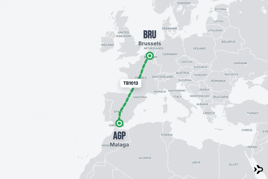 TB1013 flight map from BRU to AGP
