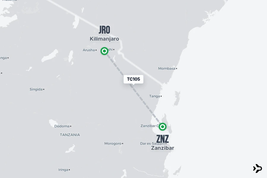 TC105 flight map from JRO to ZNZ