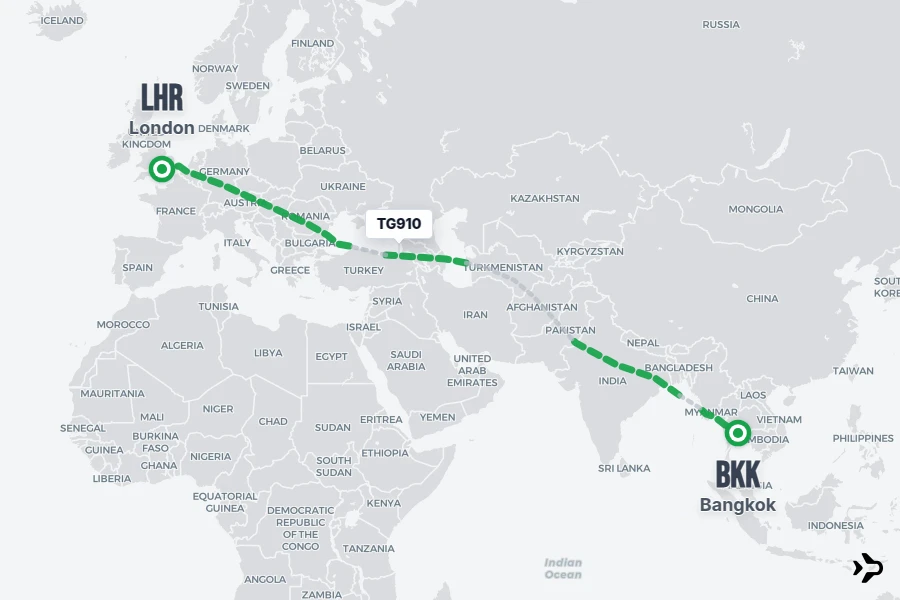 TG910 flight map from BKK to LHR