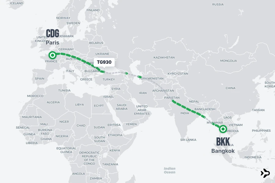 TG930 flight map from BKK to CDG