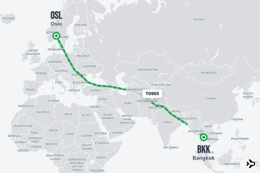 TG955 flight map from OSL to BKK