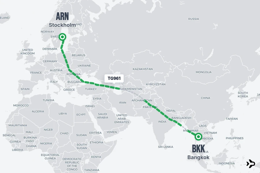 TG961 flight map from ARN to BKK