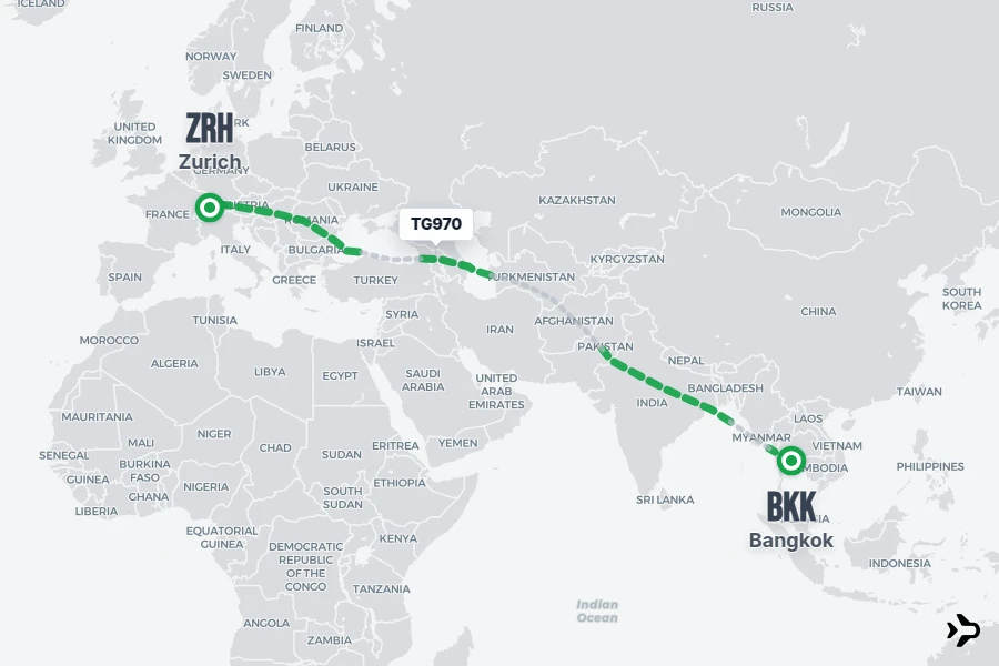 TG970 flight map from BKK to ZRH