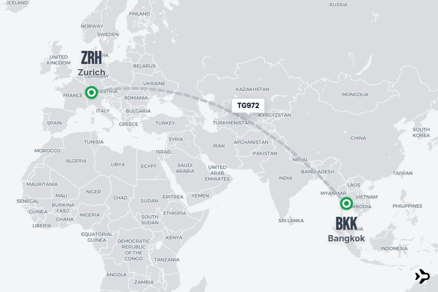 TG972 flight map from BKK to ZRH