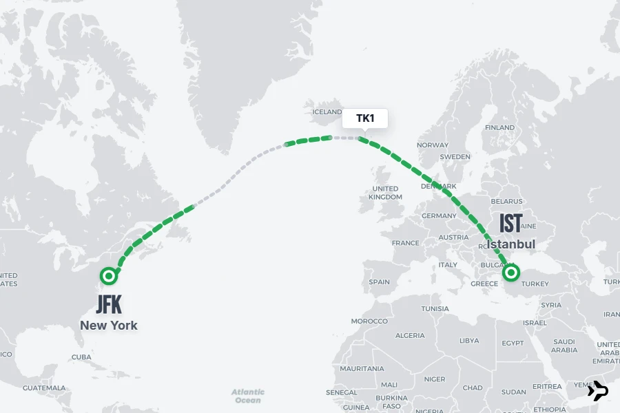 TK1 flight map from IST to JFK