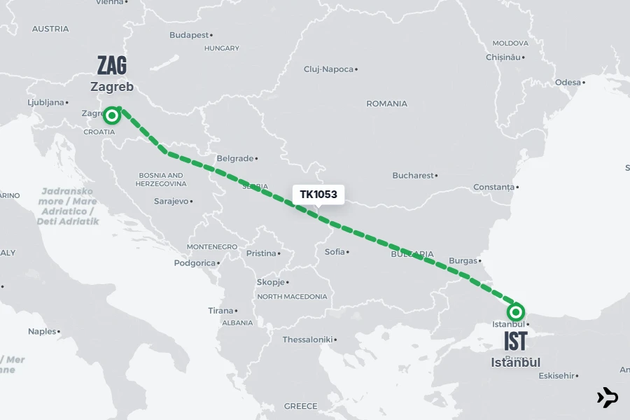 TK1053 flight map from IST to ZAG