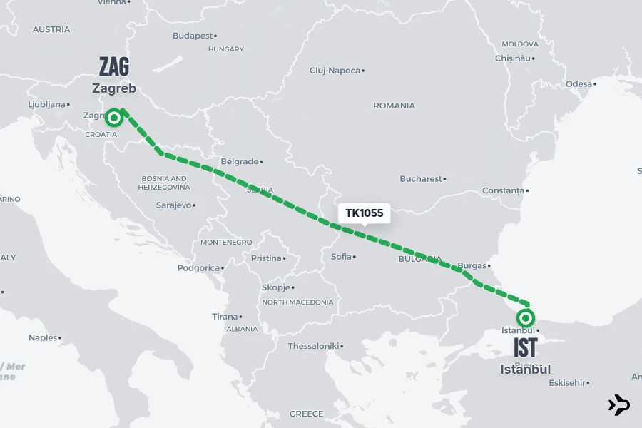 TK1055 flight map from IST to ZAG