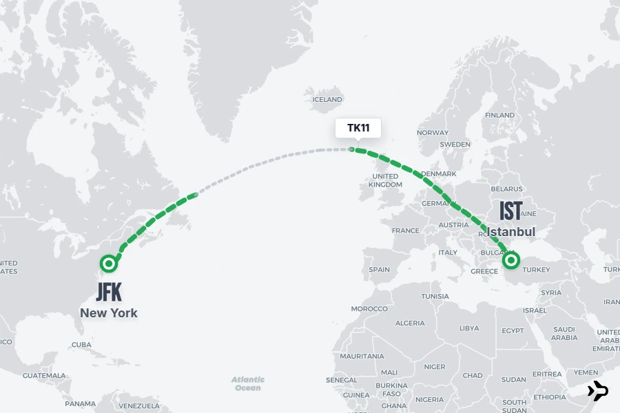 TK11 flight map from IST to JFK