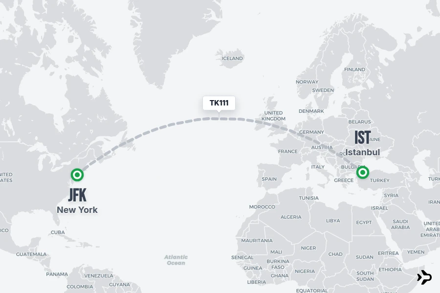 TK111 flight map from IST to JFK