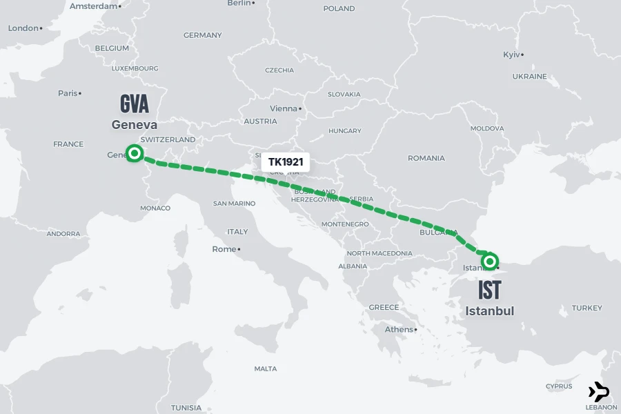 TK1921 flight map from IST to GVA