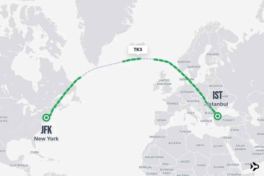 TK3 flight map from IST to JFK