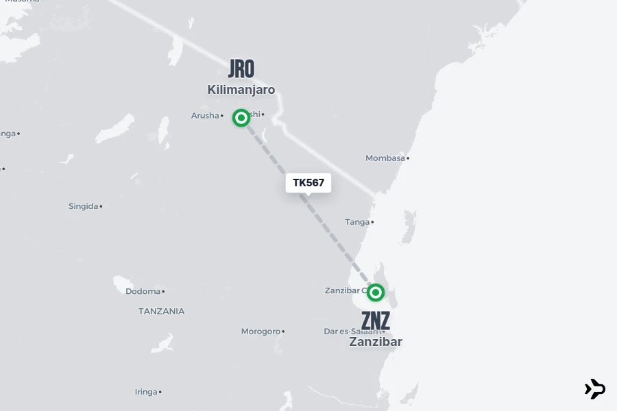 TK567 flight map from JRO to ZNZ