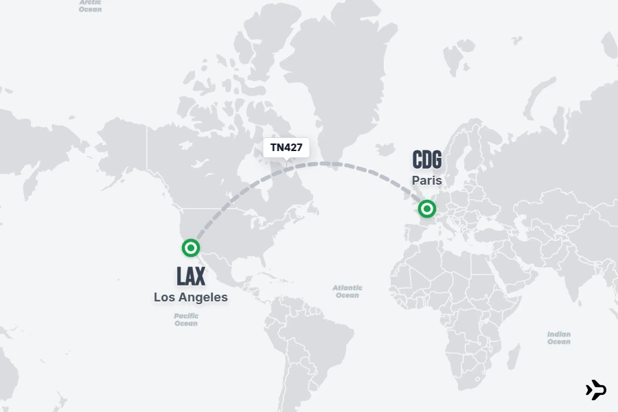 TN427 flight map from CDG to LAX