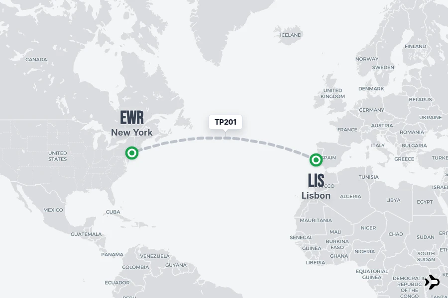 TP201 flight map from LIS to EWR