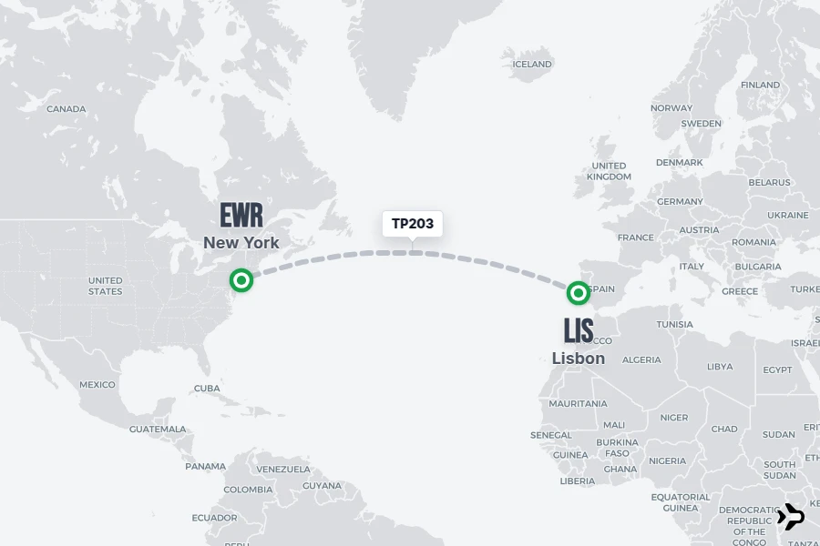 TP203 flight map from LIS to EWR
