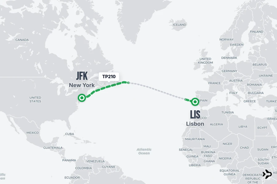 TP210 flight map from JFK to LIS