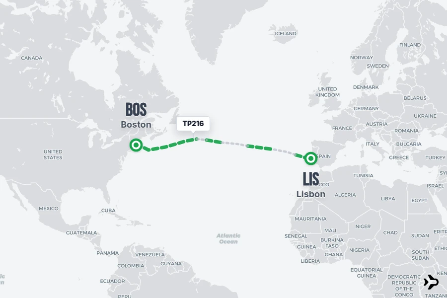 TP216 flight map from BOS to LIS