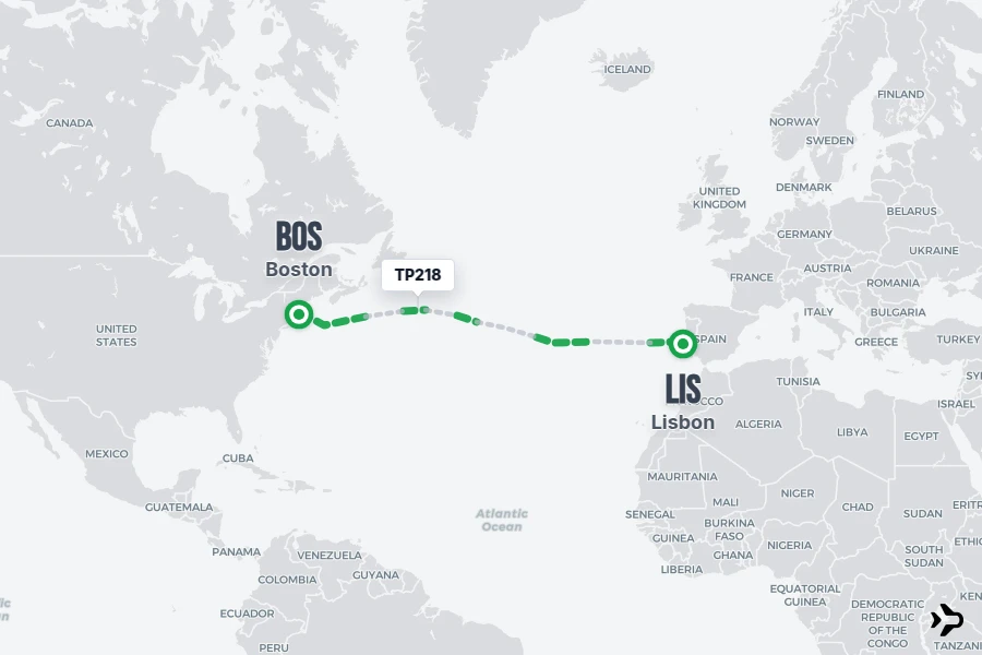 TP218 flight map from BOS to LIS