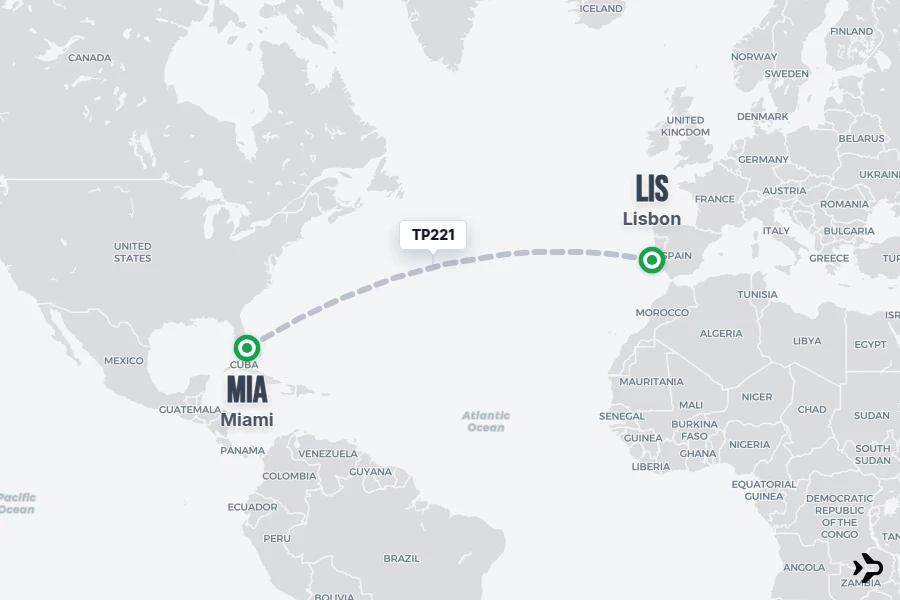 TP221 flight map from LIS to MIA