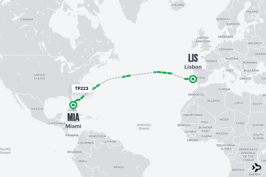 TP223 flight map from LIS to MIA