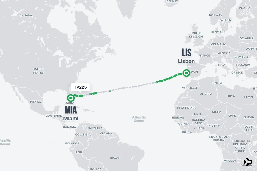 TP225 flight map from LIS to MIA
