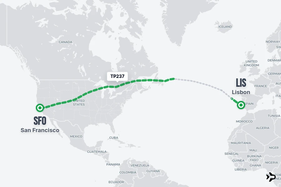TP237 flight map from LIS to SFO