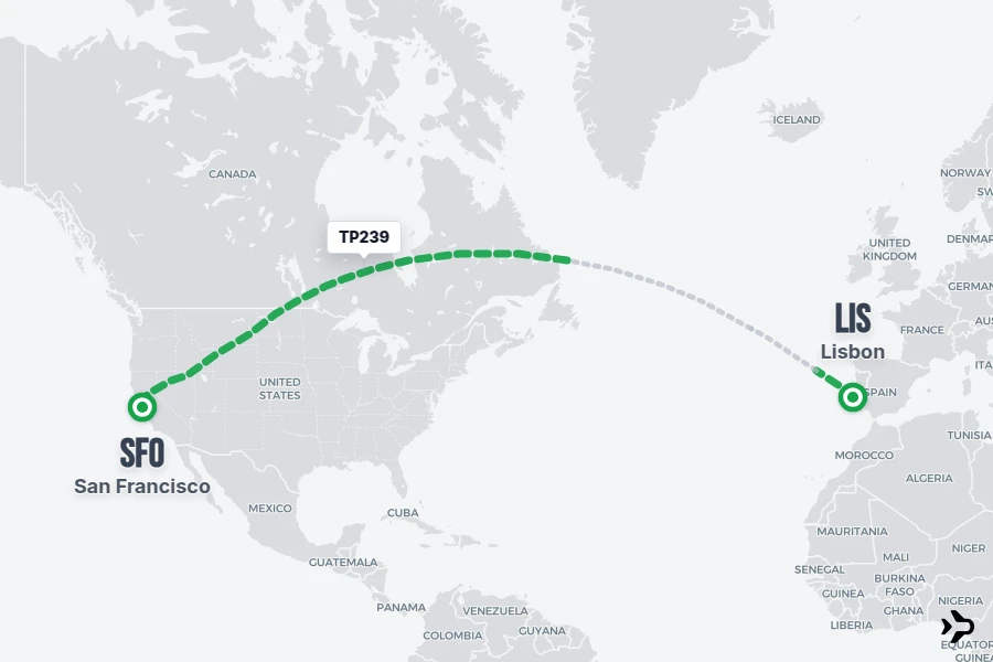 TP239 flight map from LIS to SFO