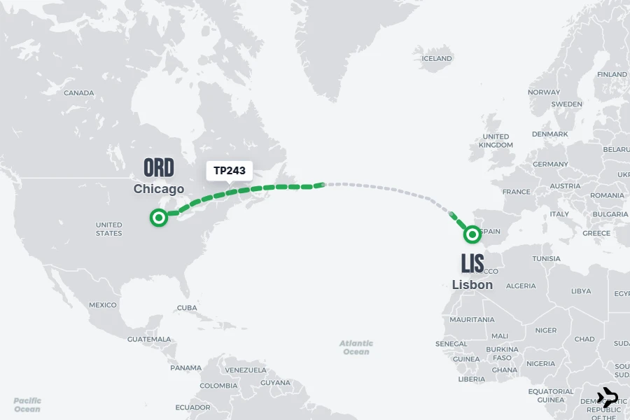 TP243 flight map from LIS to ORD