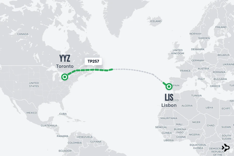 TP257 flight map from LIS to YYZ