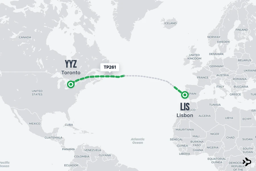 TP261 flight map from LIS to YYZ