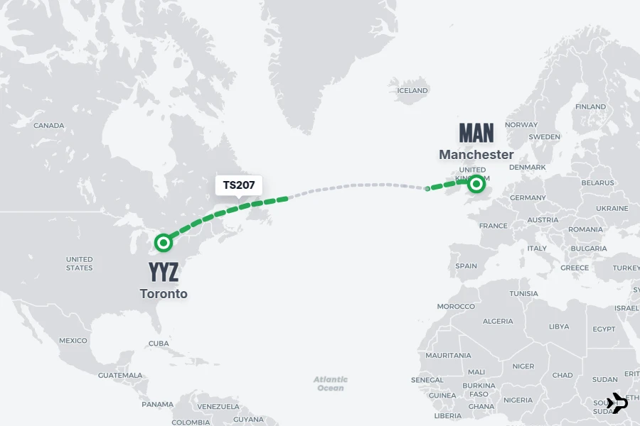 TS207 flight map from MAN to YYZ