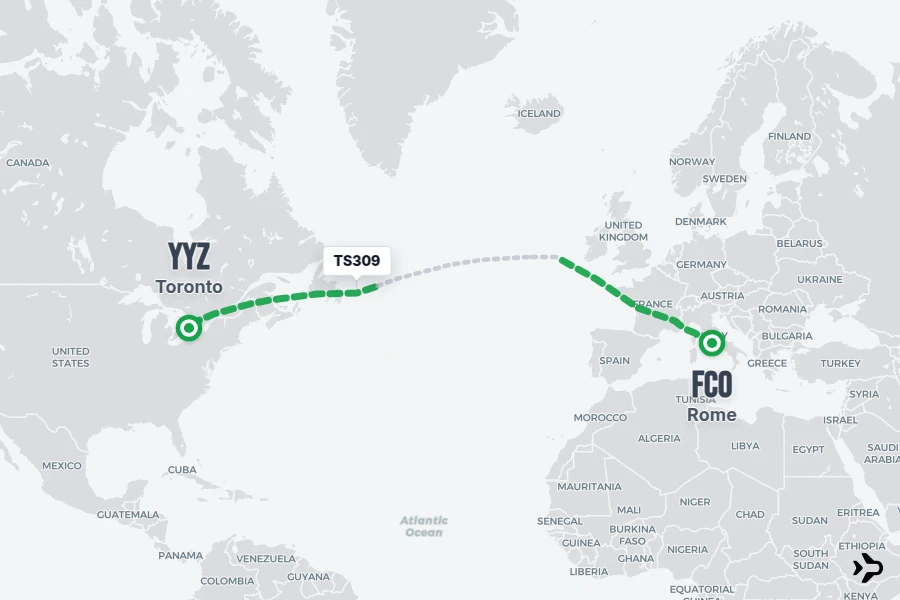 TS309 flight map from FCO to YYZ