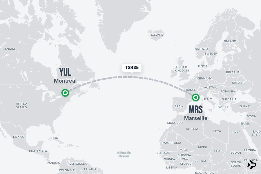 TS435 flight map from MRS to YUL