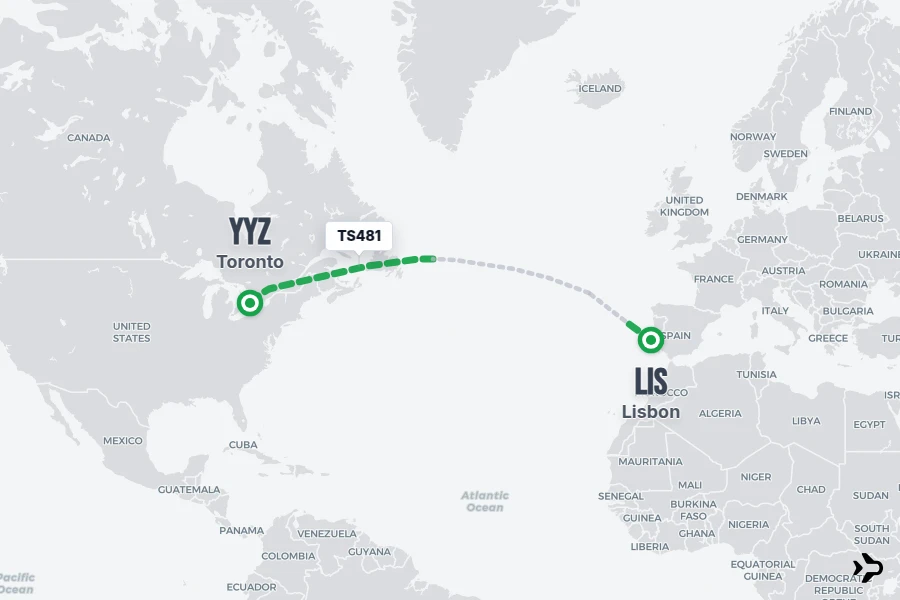 TS481 flight map from LIS to YYZ