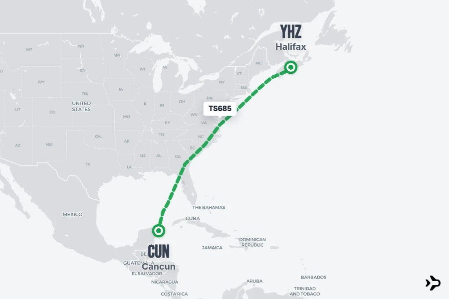 TS685 flight map from CUN to YHZ