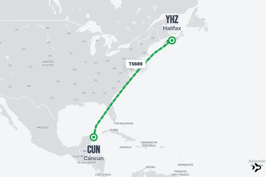 TS689 flight map from CUN to YHZ