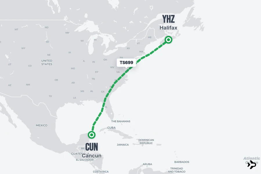TS699 flight map from CUN to YHZ