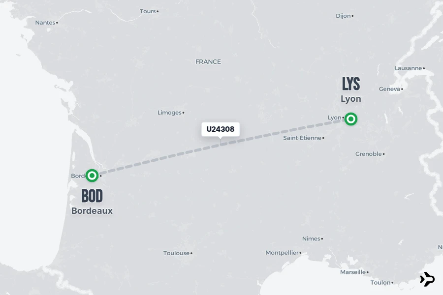 U24308 flight map from BOD to LYS