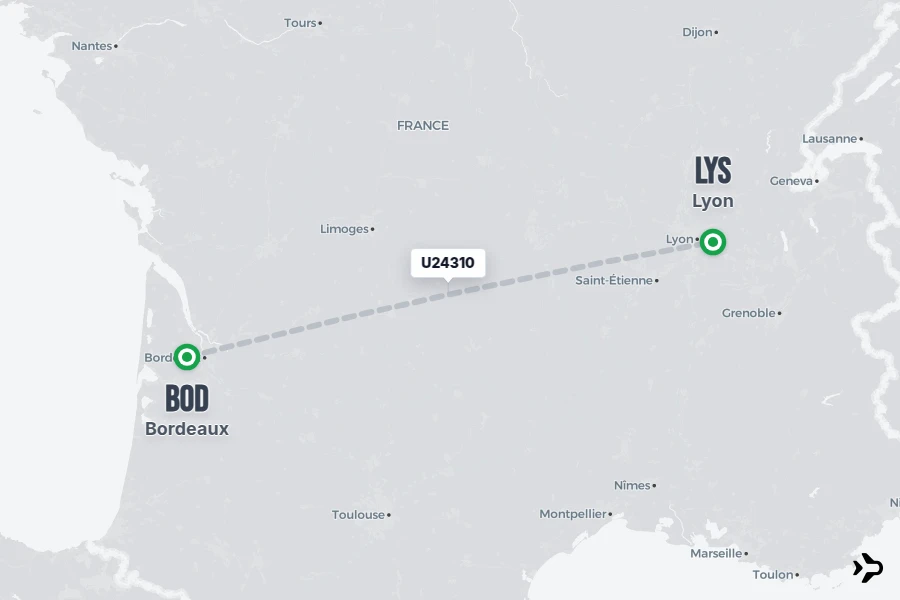 U24310 flight map from BOD to LYS