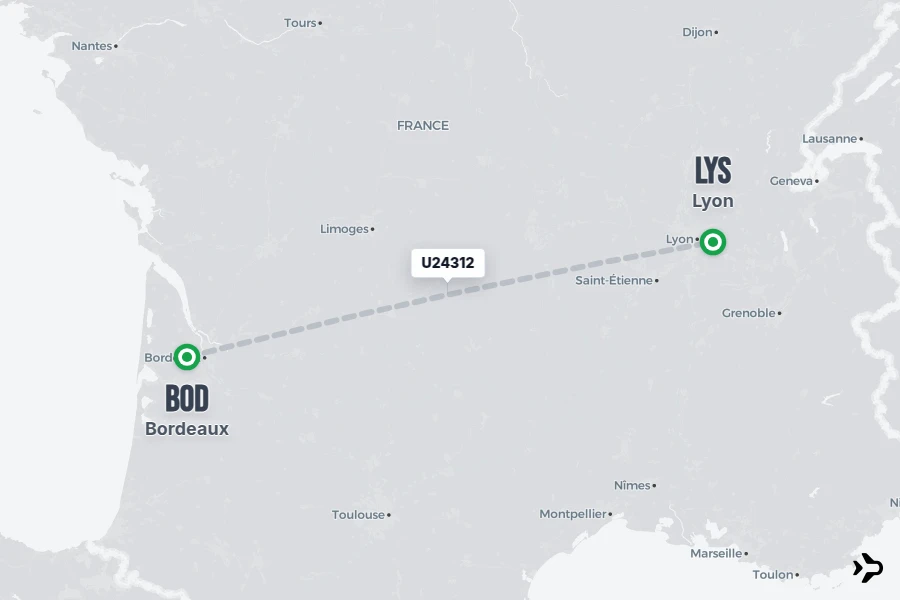 U24312 flight map from BOD to LYS