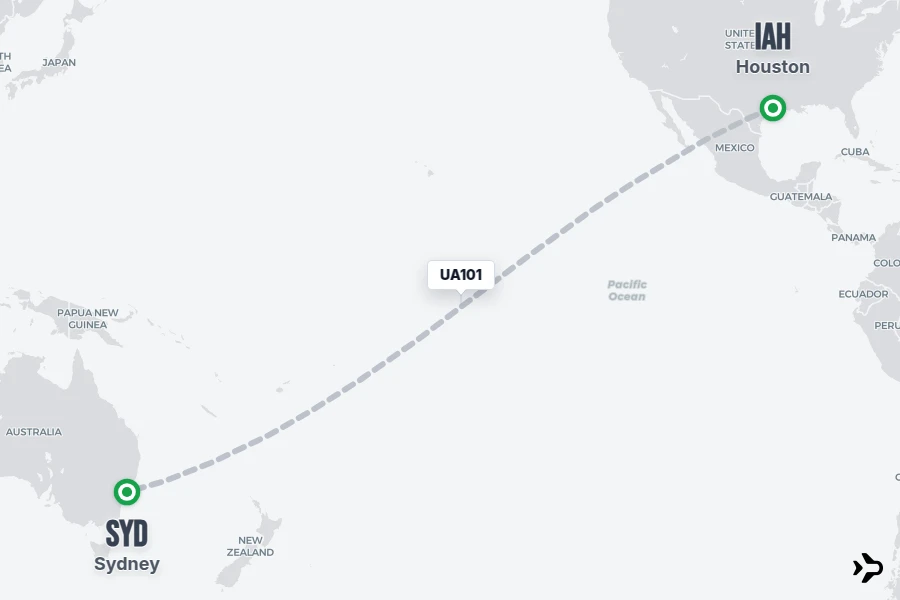 UA101 flight map from IAH to SYD